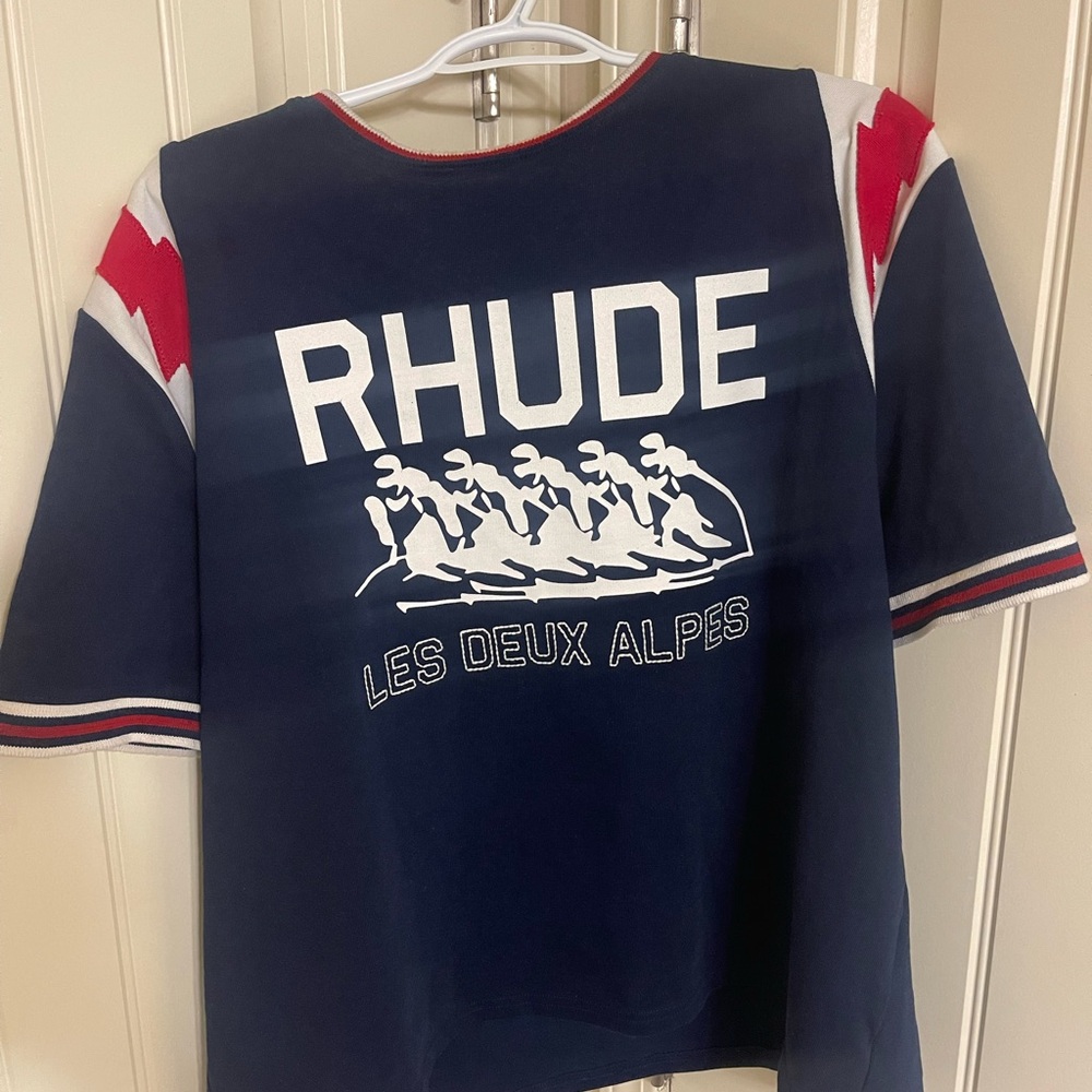 Rhude Dark Blue Graphic Tee with Red and White Accents